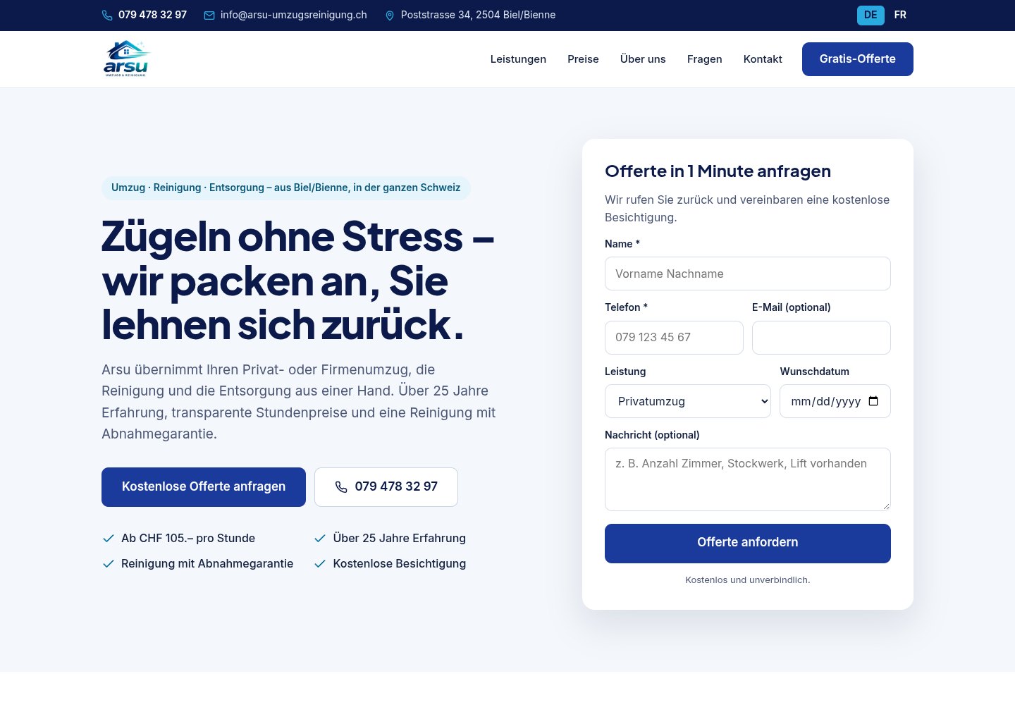 Site web Arsu Umzugs & Reinigung — déménagement et nettoyage à Bienne
