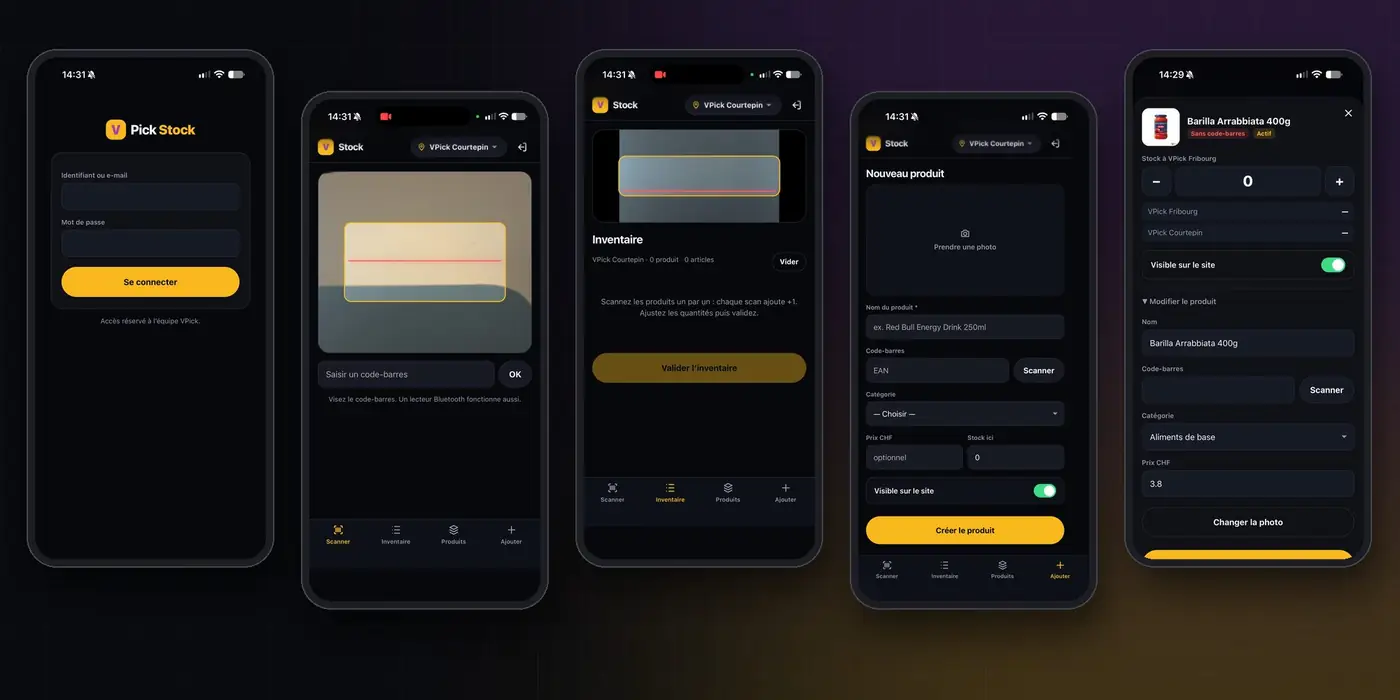 Écrans de l’application VPick Stock : connexion, scanner, inventaire, nouveau produit, fiche produit